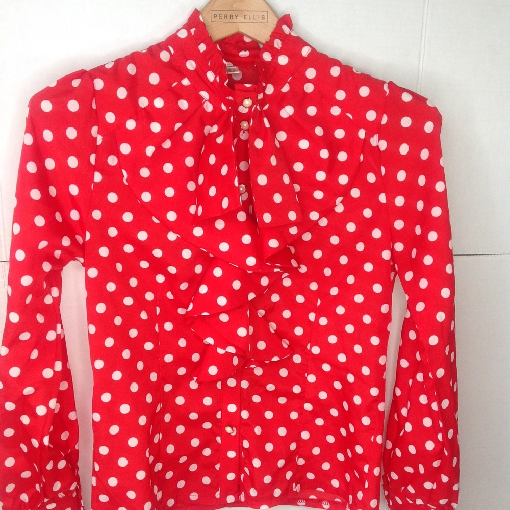 Vintage Red Polka Dot Blouse White  Ruffle